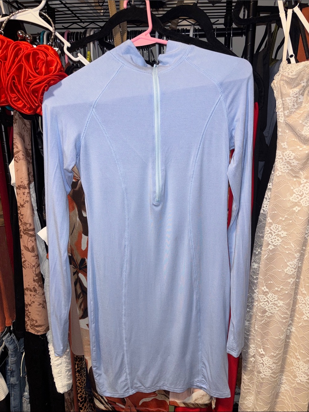 SHEIN Light Blue Long Sleeve Mini Dress with Quarter Zip